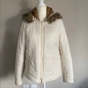 Lucky Brand Puffer Jacket Faux Fur Hood White Sz L